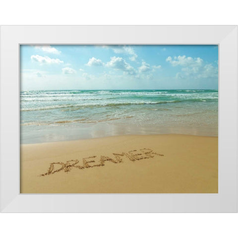 Word Dreamer written in sand on the beach White Modern Wood Framed Art Print by Frank, Assaf
