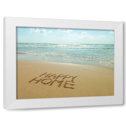 Happy Home written in sand on the beach White Modern Wood Framed Art Print by Frank, Assaf