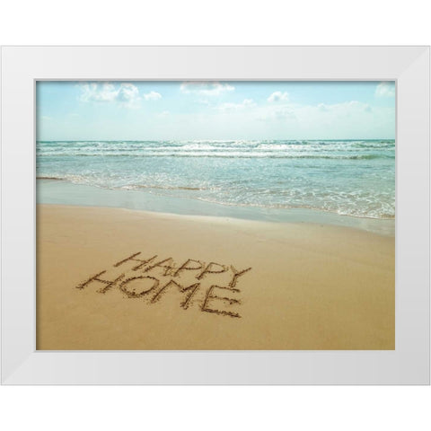 Happy Home written in sand on the beach White Modern Wood Framed Art Print by Frank, Assaf