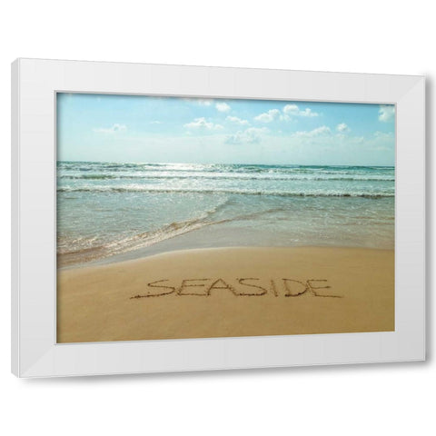 Word Seaside written in sand on the beach White Modern Wood Framed Art Print by Frank, Assaf