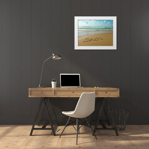Word Sun written in sand on the beach White Modern Wood Framed Art Print by Frank, Assaf