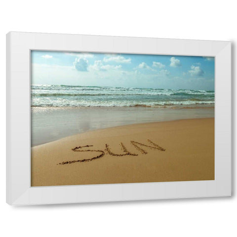 Word Sun written in sand on the beach White Modern Wood Framed Art Print by Frank, Assaf