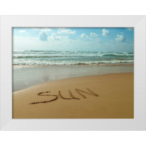 Word Sun written in sand on the beach White Modern Wood Framed Art Print by Frank, Assaf