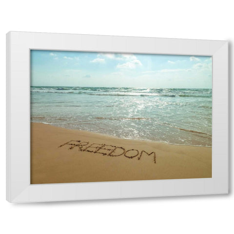 Word Freedom written in sand on the beach White Modern Wood Framed Art Print by Frank, Assaf