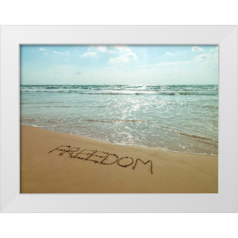 Word Freedom written in sand on the beach White Modern Wood Framed Art Print by Frank, Assaf