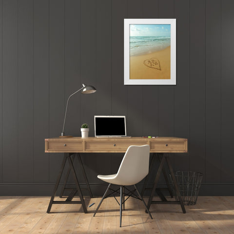 Couple in heart drawn on sand at the beach White Modern Wood Framed Art Print by Frank, Assaf