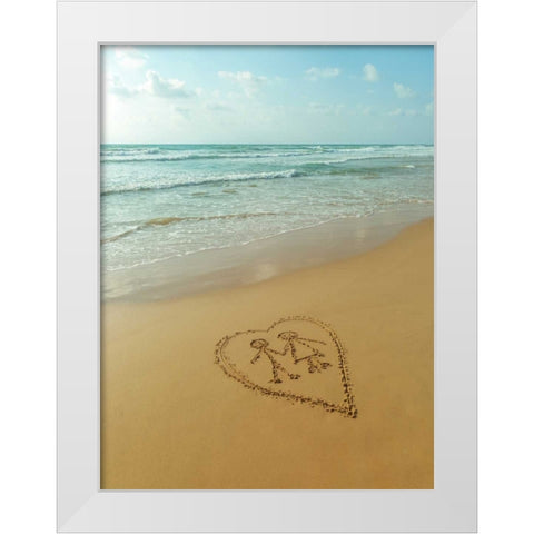 Couple in heart drawn on sand at the beach White Modern Wood Framed Art Print by Frank, Assaf