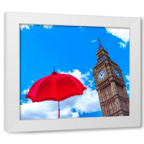 Big Ben with Red Umbrella, London, UK White Modern Wood Framed Art Print by Frank, Assaf