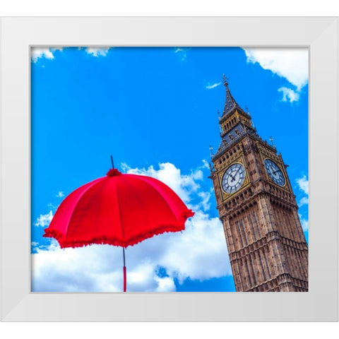 Big Ben with Red Umbrella, London, UK White Modern Wood Framed Art Print by Frank, Assaf