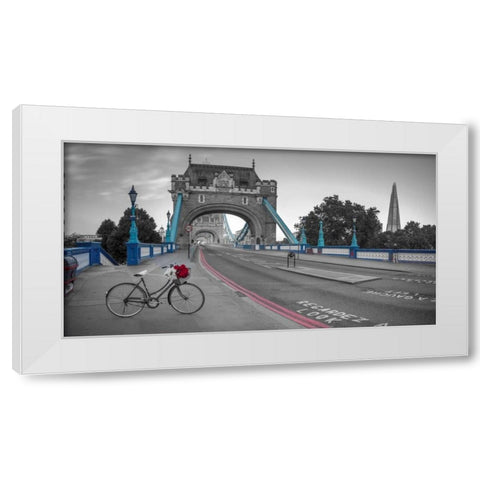 Bunch of roses on a bicycle near Tower Bridge, London, UK White Modern Wood Framed Art Print by Frank, Assaf
