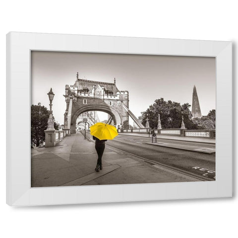 Lady with a yellow umbrella, Tower bridge, London White Modern Wood Framed Art Print by Frank, Assaf