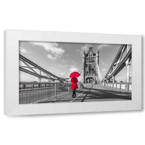 Tourist with red umbrella on Tower Bridge, London, UK White Modern Wood Framed Art Print by Frank, Assaf