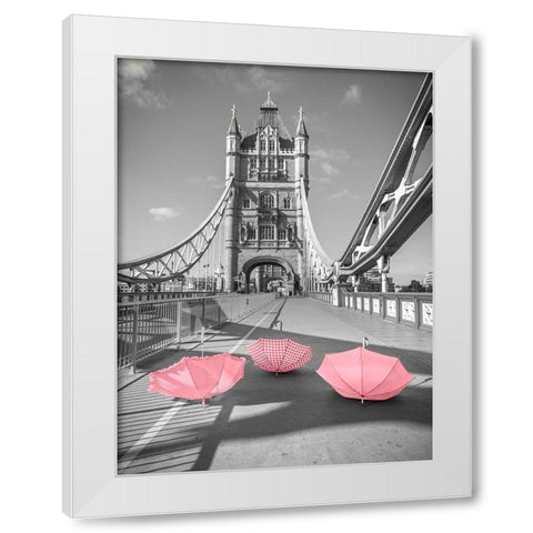 Pink umbrellas, Tower bridge, London White Modern Wood Framed Art Print by Frank, Assaf