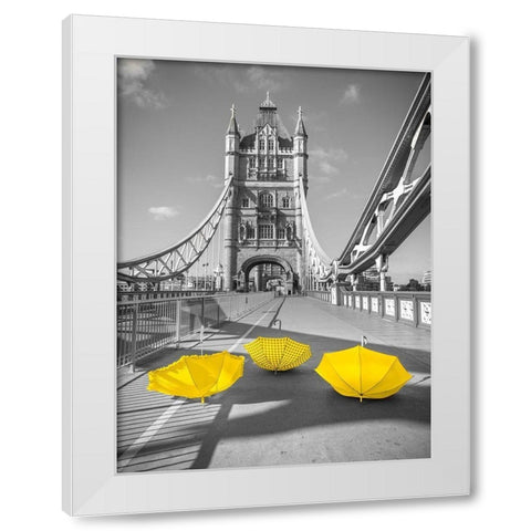 Yellow umbrellas, Tower bridge, London White Modern Wood Framed Art Print by Frank, Assaf