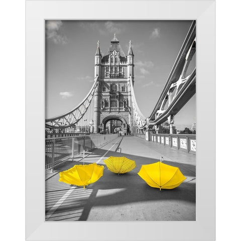 Yellow umbrellas, Tower bridge, London White Modern Wood Framed Art Print by Frank, Assaf