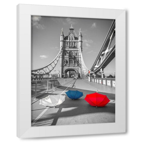 Colorful umbrellas on Tower bridge, London, UK White Modern Wood Framed Art Print by Frank, Assaf