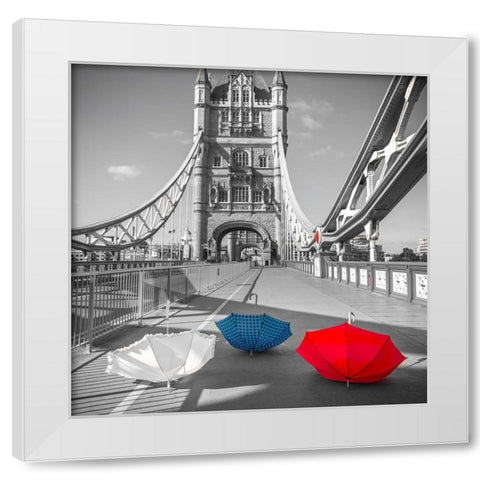 Colorful umbrellas on Tower bridge, London, UK White Modern Wood Framed Art Print by Frank, Assaf
