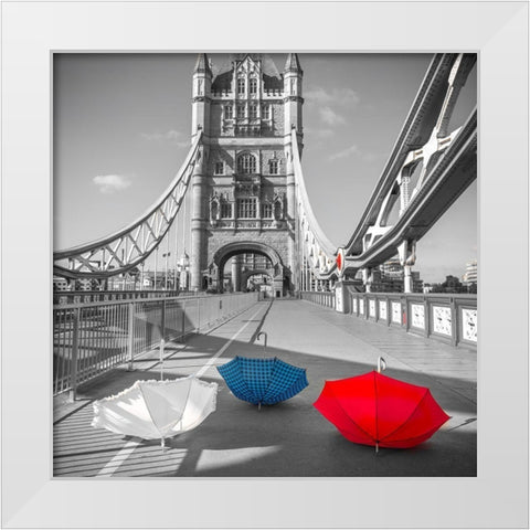 Colorful umbrellas on Tower bridge, London, UK White Modern Wood Framed Art Print by Frank, Assaf