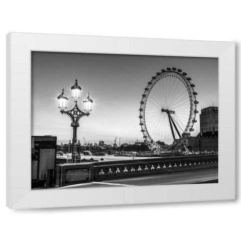 Street lamp on Westminster Bridge with London Eye in background, London, UK White Modern Wood Framed Art Print by Frank, Assaf