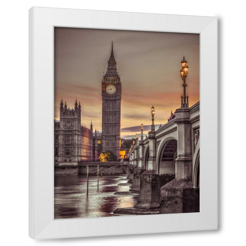 Westminster bridge and Big Ben from Thames promenade, London, UK, FTBR-1826 White Modern Wood Framed Art Print by Frank, Assaf