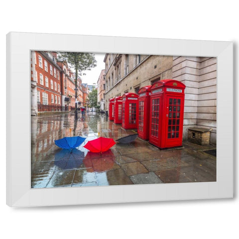 Telephone boxes with umbrellas White Modern Wood Framed Art Print by Frank, Assaf