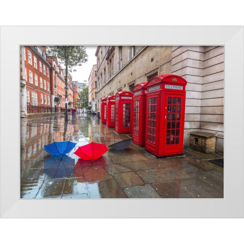 Telephone boxes with umbrellas White Modern Wood Framed Art Print by Frank, Assaf