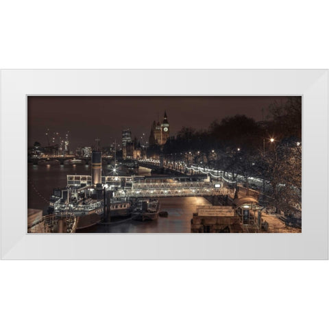 Evening view of London city, FTBR-1831 White Modern Wood Framed Art Print by Frank, Assaf