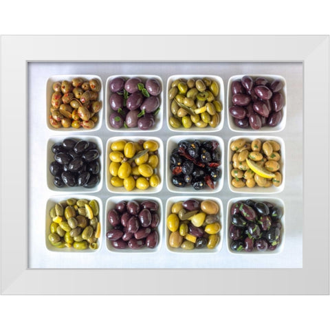 Varieties of Olives in bowls on white background White Modern Wood Framed Art Print by Frank, Assaf