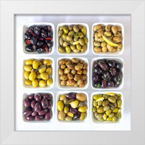 Varieties of Olives in bowls on white background White Modern Wood Framed Art Print by Frank, Assaf