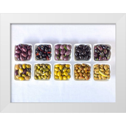 Varieties of Olives in bowls on white background White Modern Wood Framed Art Print by Frank, Assaf