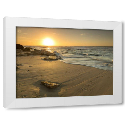Golden sunset on beach White Modern Wood Framed Art Print by Frank, Assaf