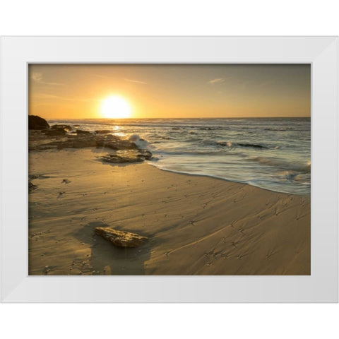 Golden sunset on beach White Modern Wood Framed Art Print by Frank, Assaf