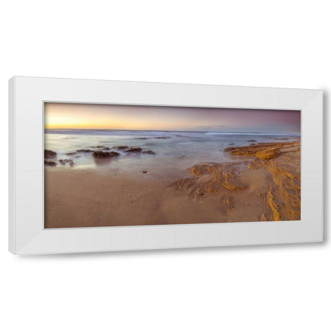 Sunset on rocky beach with colorful sky White Modern Wood Framed Art Print by Frank, Assaf