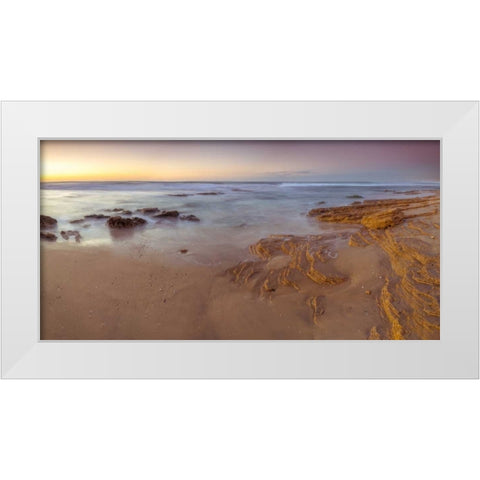 Sunset on rocky beach with colorful sky White Modern Wood Framed Art Print by Frank, Assaf