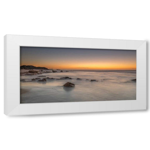Sunset on rocky beach with colorful sky White Modern Wood Framed Art Print by Frank, Assaf