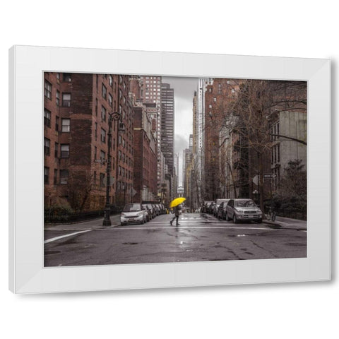 Tourist with yellow umbrella on street of Manhattan, New York White Modern Wood Framed Art Print by Frank, Assaf