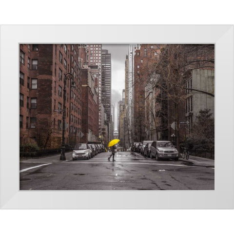 Tourist with yellow umbrella on street of Manhattan, New York White Modern Wood Framed Art Print by Frank, Assaf