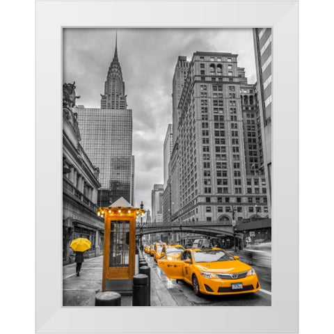 Cab on New York city street, FTBR-1840 White Modern Wood Framed Art Print by Frank, Assaf