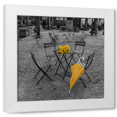 Bunch of roses and umbrella on table and chair at the park, New York White Modern Wood Framed Art Print by Frank, Assaf