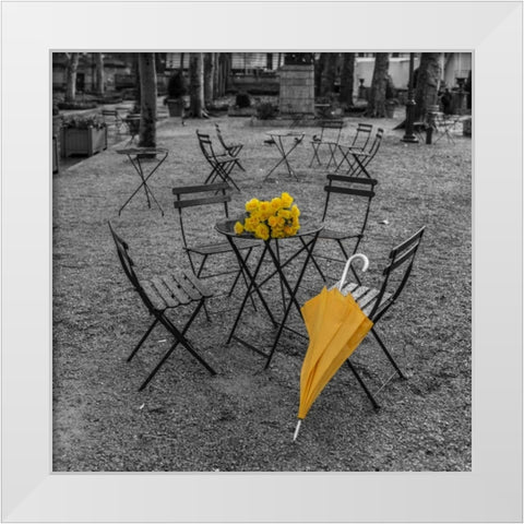 Bunch of roses and umbrella on table and chair at the park, New York White Modern Wood Framed Art Print by Frank, Assaf