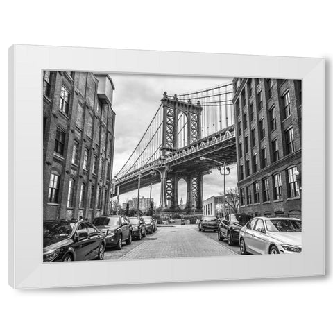 Manhattan bridge from a street-New York White Modern Wood Framed Art Print by Frank, Assaf