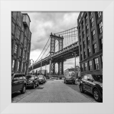 Manhattan bridge from a street, New York White Modern Wood Framed Art Print by Frank, Assaf