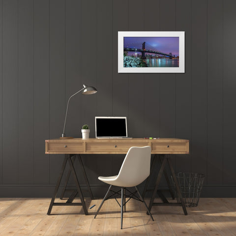 Manhattan bridge and New York city skyline, FTBR-1837 White Modern Wood Framed Art Print by Frank, Assaf