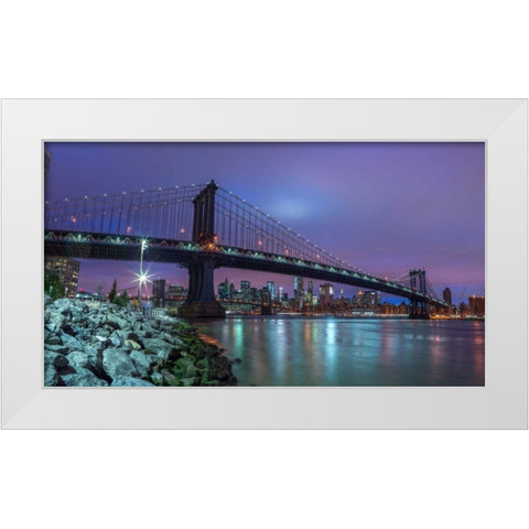 Manhattan bridge and New York city skyline, FTBR-1837 White Modern Wood Framed Art Print by Frank, Assaf