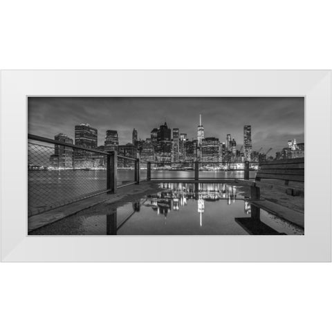 Lower Manhattan skyline in evening, New York White Modern Wood Framed Art Print by Frank, Assaf