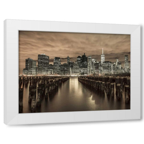 Manhattan skyline with rows of groynes in foreground, New York White Modern Wood Framed Art Print by Frank, Assaf