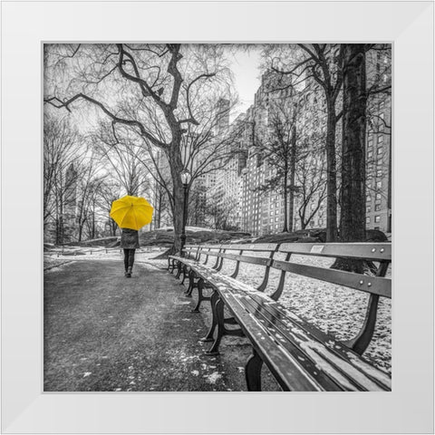 Tourist on pathway with Yellow umbrella at Central park-New York White Modern Wood Framed Art Print by Frank, Assaf