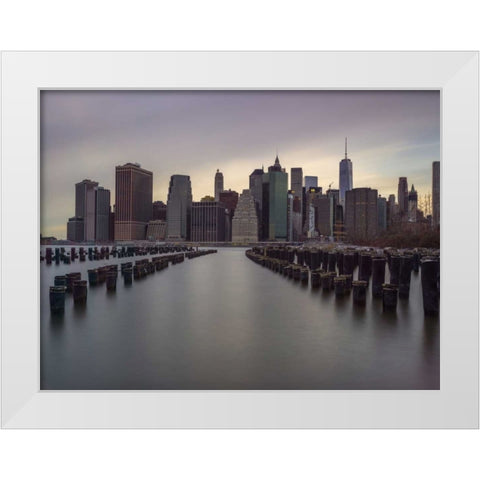 Manhattan skyline with rows of groynes in East river, New York White Modern Wood Framed Art Print by Frank, Assaf