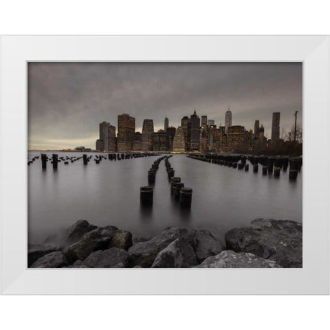 Manhattan skyline with rows of groynes in East river, New York White Modern Wood Framed Art Print by Frank, Assaf