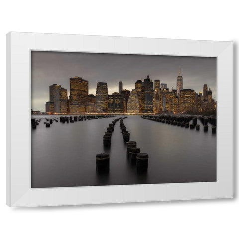Manhattan skyline with rows of groynes in East river, New York White Modern Wood Framed Art Print by Frank, Assaf